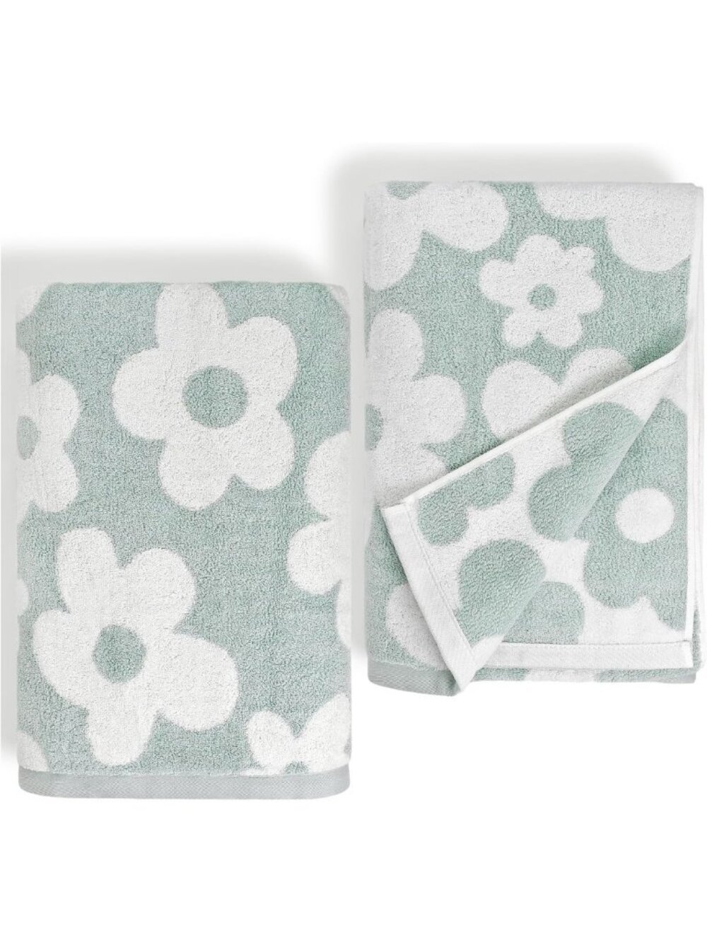 Floral Bath Towels Set of 2, Light Seafoam Cotton, Soft & Absorbent, 27" x 55